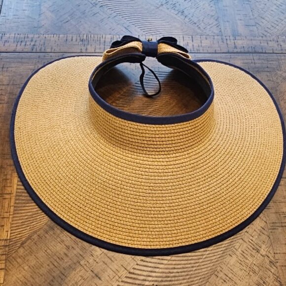 Nautical Sailing Straw Hat Open Top Adjustable One Size Navy Bow Ponytail Holder - Picture 3 of 6